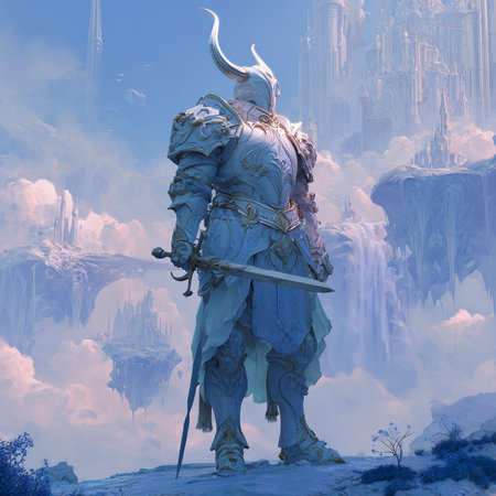 Digital illustration of a samurai warrior with a sword in a fantasy landscapeの素材