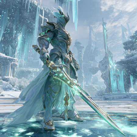 Fantasy scene with fantasy warrior and icicles. 3D illustrations.の素材