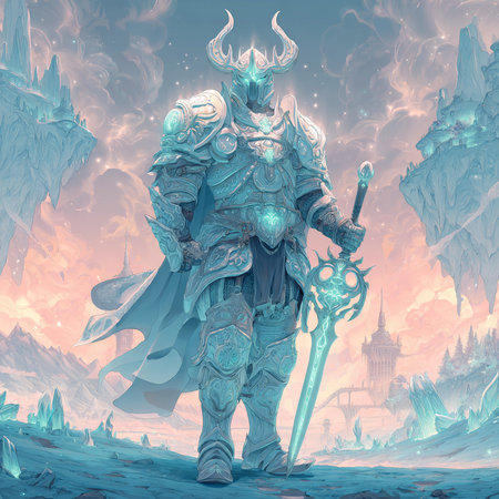 Fantasy landscape with a fantasy knight in armor. 3d renderingの素材