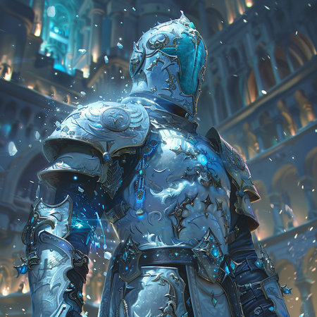 3d illustration of a medieval knight in armor on the background of the cityの素材