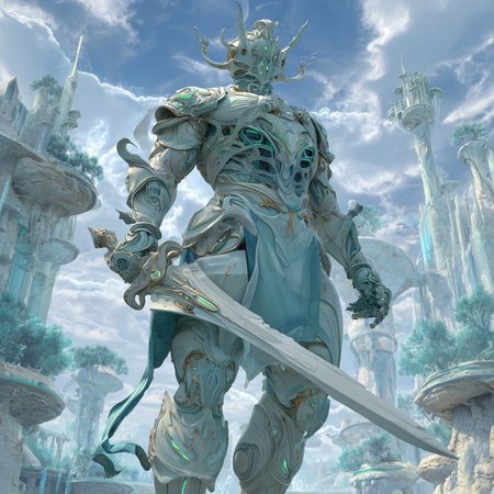 Fantasy alien warrior in a fantasy landscape. 3D illustrations.の素材