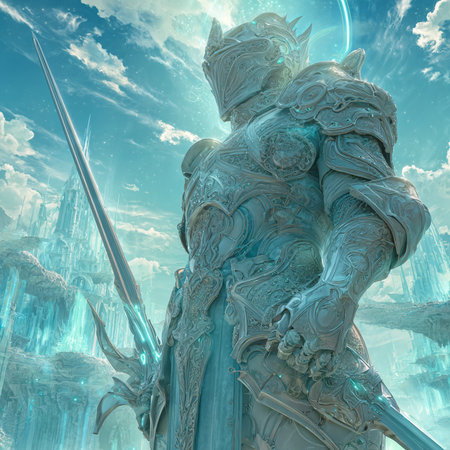 3D illustration of a fantasy warrior with a sword in his handsの素材