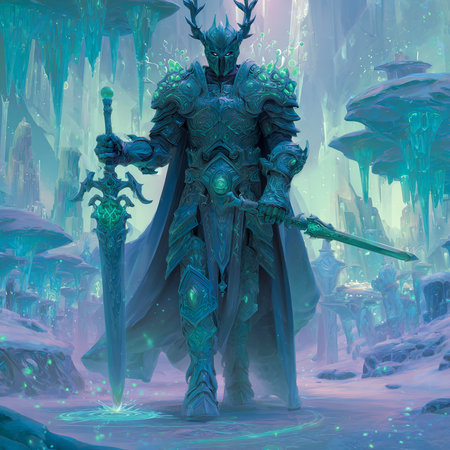 3D rendering of a fantasy warrior with a sword in his handの素材