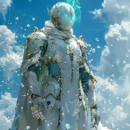 Cyborg in the sky with clouds, 3d illustration. Fantasy.の素材