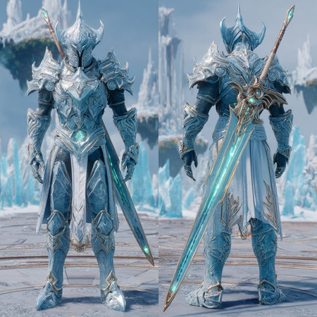 3D CG rendering of fantasy warrior with sword in his hands.の素材