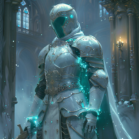 3D rendering of a medieval knight in armor and armor in a castleの素材