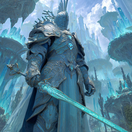 3D illustration of a fantasy warrior with a sword in his handの素材