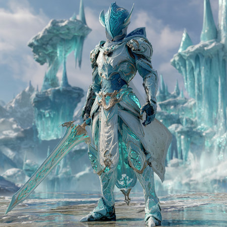 3D CG rendering of cyber woman with sword and armor on iceの素材