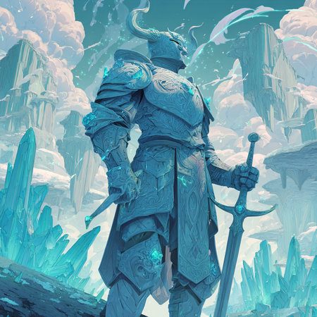 Fantasy landscape with a knight in armor and sword. 3d illustrationの素材