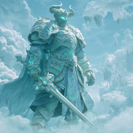 Medieval knight in the clouds. 3D illustrations. Fantasy.の素材