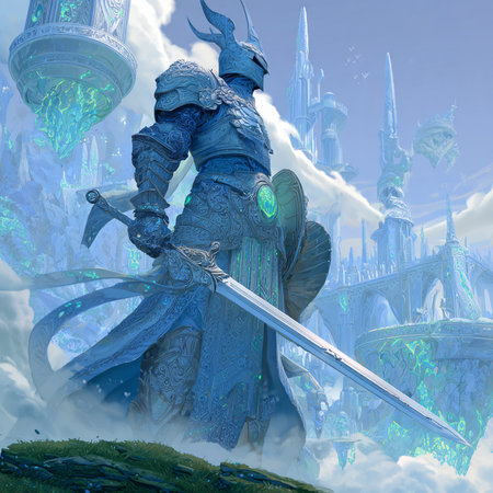 Knight with sword and shield in fantasy landscape. 3D illustrations.の素材