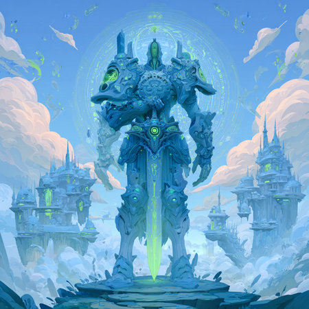 Illustration of a fantasy dragon in the background of the temple.の素材