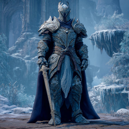 Medieval knight in the winter forest. Fantasy scene. 3D rendering.の素材