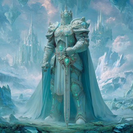 Fantasy landscape with a fantasy knight in armor and armor. 3D illustrations.の素材