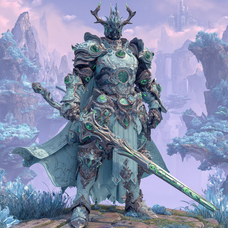 3D rendering of a fantasy warrior with a sword in his handの素材