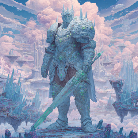 3D illustration of a fantasy warrior with a sword in his handsの素材