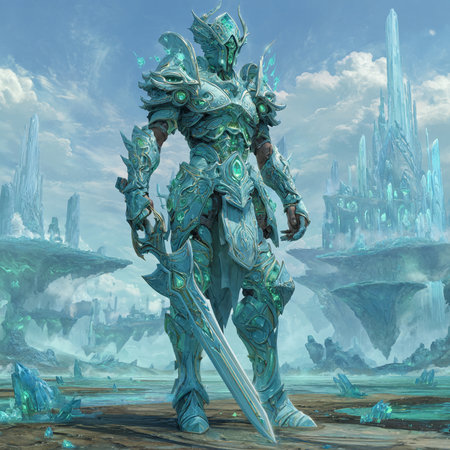 Fantasy alien warrior with sword and shield. 3D illustrations.の素材