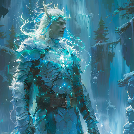 3d rendering of a fantasy warrior in the forest with glowing lightsの素材