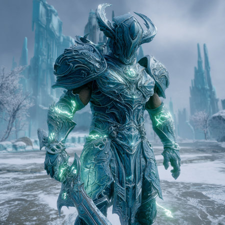 3D rendering of a fantasy figure in front of a fantasy landscapeの素材