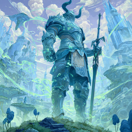 Fantasy landscape with a knight in armor on the background of the ancient cityの素材