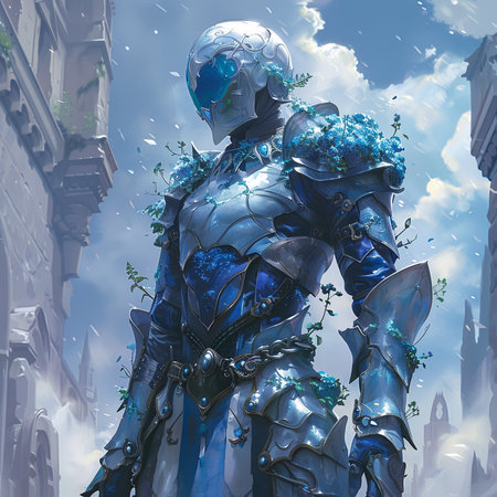 Digital Illustration of a Fantasy Knight with Blue Flowers in his Handsの素材