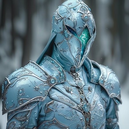 Knight in armor on the background of the winter forest. Close-up.の素材