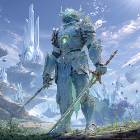 Fantasy scene with a fantasy knight in armor. 3d renderの素材