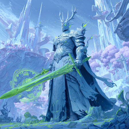 Fantasy landscape with a knight in the armor of a fantasy warriorの素材