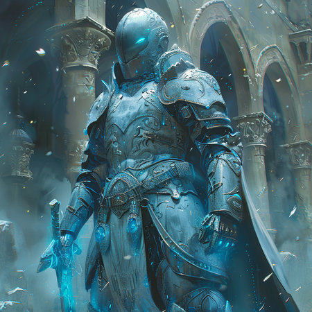 3d illustration of a fantasy warrior in armor with a sword in his handsの素材