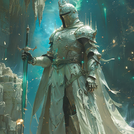 Knight in armor with sword in the cave. 3d illustration.の素材