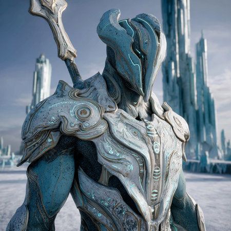 3D rendering of a fantasy alien warrior in a futuristic setting.の素材