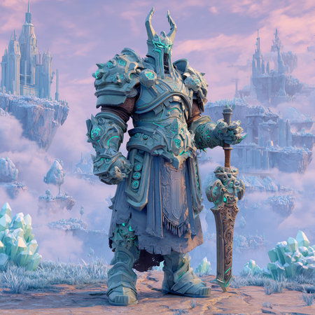 3D rendering of a fantasy warrior in the middle of a fantasy landscapeの素材