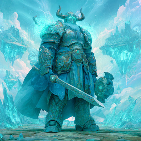 3D rendering of a fantasy warrior with a sword in his handの素材