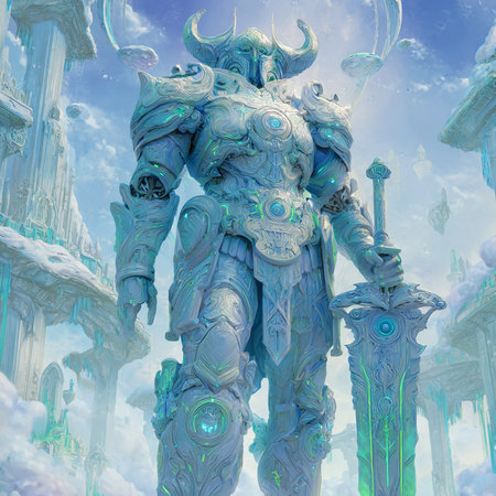 Digital Illustration of a Fantasy Figure in a Blue Cloudy Skyの素材