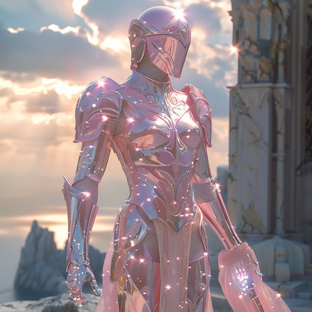 3D rendering of a female robot in a futuristic environment with starsの素材
