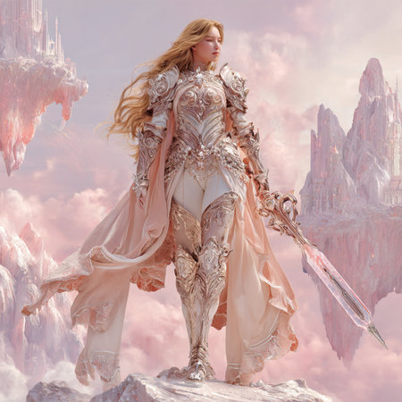 3D rendering of a fantasy woman in a silver dress on the background of a fantasy landscape.の素材