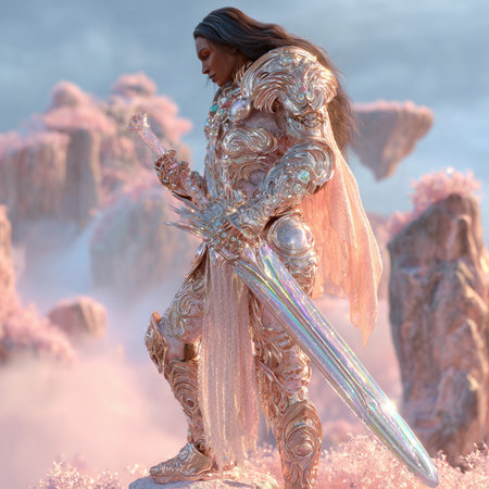 3D rendering of a fantasy warrior with a sword in his handの素材