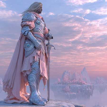 3D CG rendering of fantasy warrior with sword on the top of mountainの素材