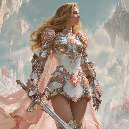 3d illustration of a fantasy warrior woman with sword and armor.の素材