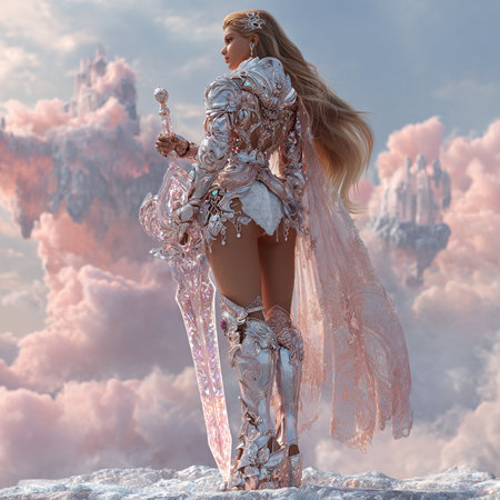 3D CG rendering of Fantasy warrior woman with sword in the skyの素材