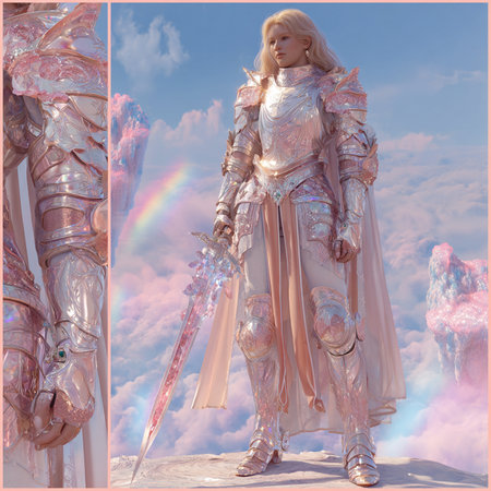 3D Illustration of a Fantasy Female Figure with a Rainbow in the Backgroundの素材