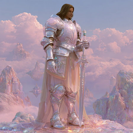 medieval knight with sword and shield in fantasy landscape 3d illustrationの素材