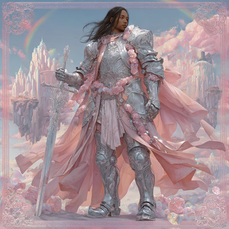 3D rendering of a female knight in a fantasy landscape with fantasy elementsの素材