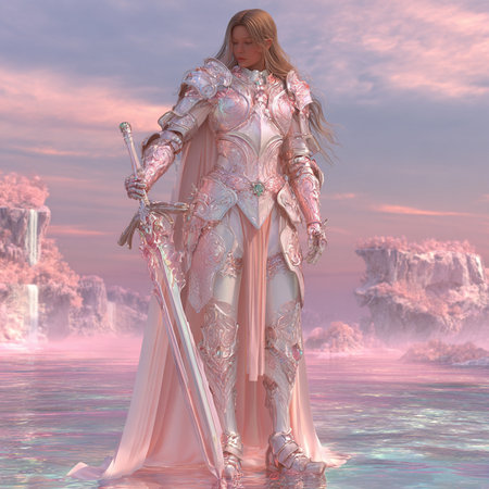 female knight in the sea with a sword in her hands. 3d renderの素材