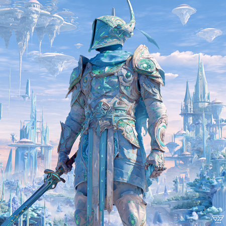 Knight in armor with sword in front of the castle. 3D illustrations.の素材