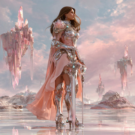 Seductive woman in pink dress with crystal armor. 3D renderingの素材