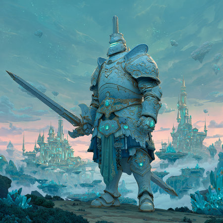 Fantasy landscape with a knight in armor. 3D illustrations.の素材