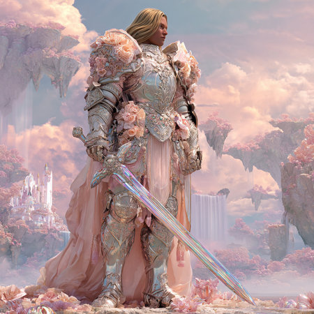 Fantasy scene with a woman warrior in armor. 3D illustrations.の素材