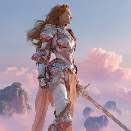3D rendering of a female warrior in a fantasy landscape with cloudsの素材