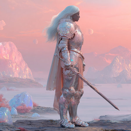 female knight in armor with a sword on the background of the mountainsの素材